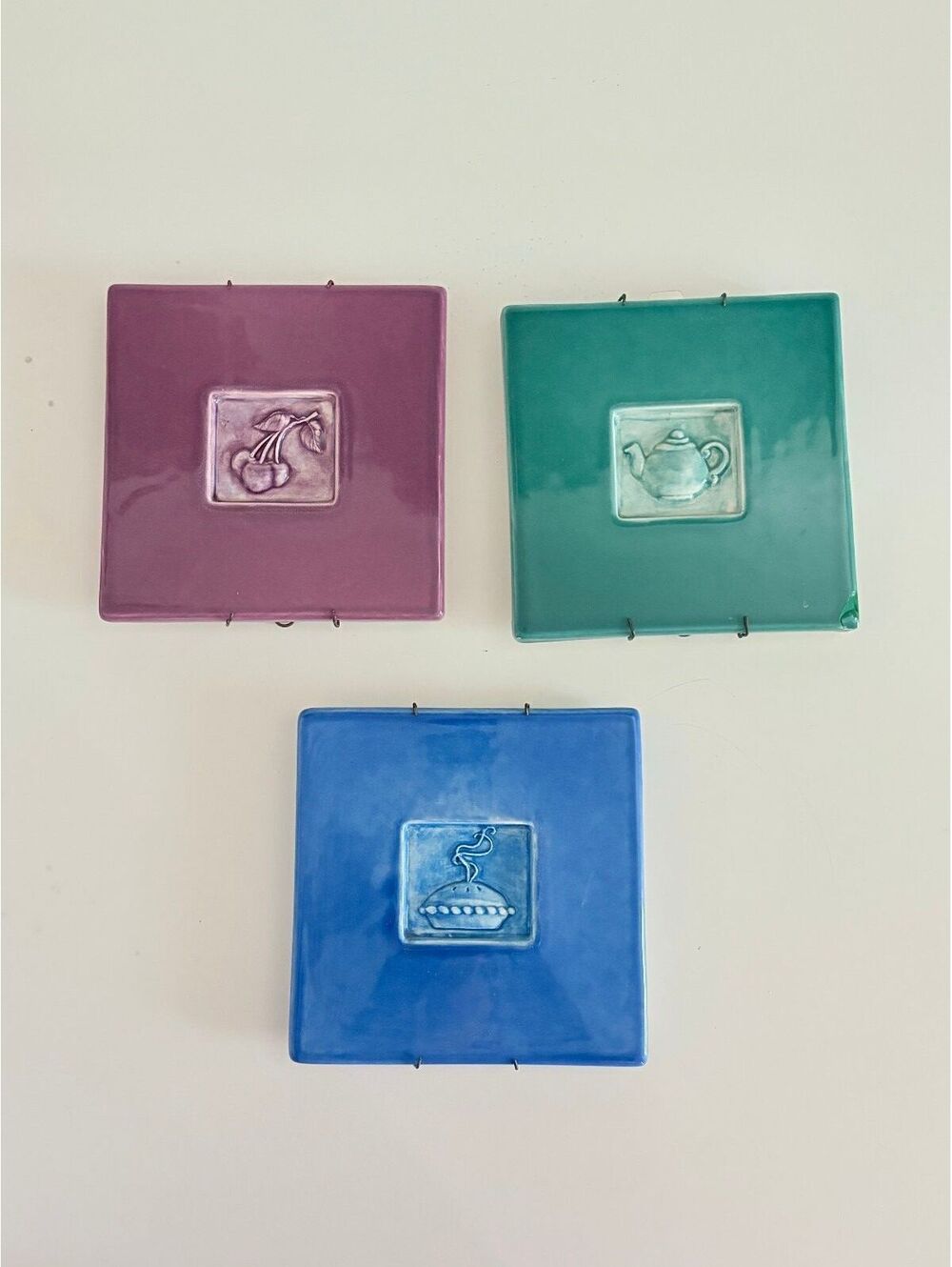 Vtg Kitchen Tile Trivets Glazed EmbossedLot Of 3 Treasure Craft Made in USA